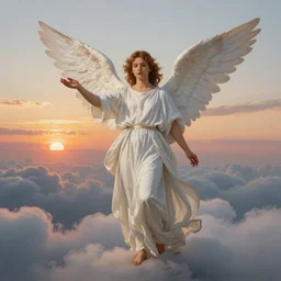 a high quality and highly detailed painting of a angel wearing white robes presenting itself to you in the clouds during a beautiful sunset