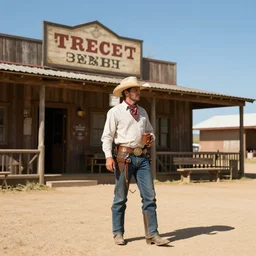 a cowboy in the wild west, outside of a saloon, on one knee proposing with a flower to a lady, sunset, beautiful scene, dynamic lighting