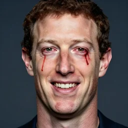 a full portrait of mark zuckerberg, his eyes are bloodshot, his skin is pale, blood flows from his eyes over his cheeks, he grins evil, f / 2 2, 3 5 mm, 2 7 0 0 k, lighting, perfect faces, award winning photography.