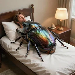 a man awakens to find he has been transformed into a huge beetle hyperrealistic cinematic 3 5 mm