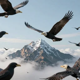 A flying mountain on the sky surrounded by birds with human heads. Birds of human heads. Ultra realistic. Realistic. Photo realistic. 8k.