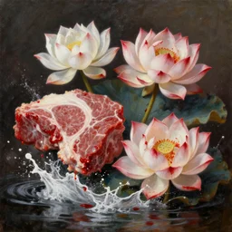 breathtaking oil painting of flowers made of meat, white water splash and blood lotus, rembrandt style, german romanticism, 8 k, concept art, matte, sharp focus,