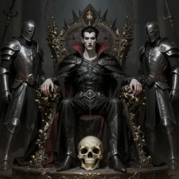 desirable Vampire lord sitting on a skull throne, undead knights around her, fantasy, intricate, elegant, highly detailed, digital painting, artstation, concept art, matte, sharp focus, illustration, art by artgerm and Greg Rutkowski, dreadjim, zeen chin