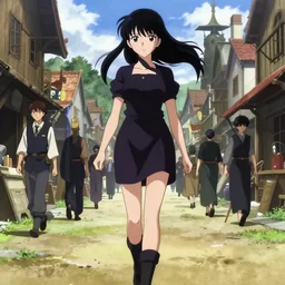 anime visual, portrait of a young female walking through a busy medieval village, face by yoh yoshinari, murata range, last exile, blue submarine no 6, dynamic pose, anime artbook, matte print, dynamic perspective, detailed silhouette, cel shaded anime
