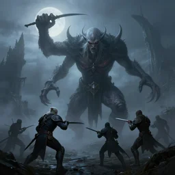cthulhu attacking the kaer morhen, witchers defending, misty weather, foggy, twilight, moon shine, creepy, otherworldly, honor, world of warcraft, 8 k, fantasy, smooth, subtle shadows, fine details, octane render, stunning, intricate, elegant, highly detailed, digital painting, artstation, smooth, sharp focus, raw, art by jakub rozalski