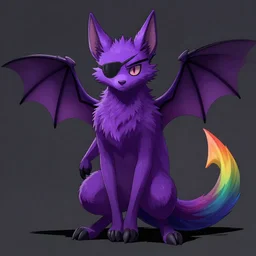 a purple wolfbat fursona with an eyepatch and a rainbow tail, drawn in a noir style, reminescent of max payne and ghost in the shell