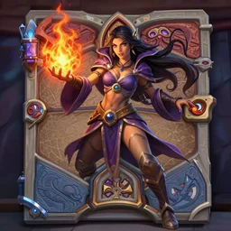 Full body Hearthstone official professional art, with realistic beautiful body & face & eyes. Every following words is important: A sorceress casting a fire ball. Completly coherent and well drawned physical body parts, ArtStation. Very detailed hands with 5 coherent fingers.