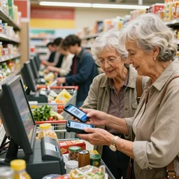 old wrinkled couple in the cash registry of a grocery shop, they are paying with their smartphones, holds up smartphone displays with a qr code, shopping carts are all full of groceries, a very long line of young customers in the background, stock photo