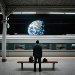 a man in a suit waiting at a train station suspended in outer space, award-winning photograph