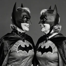 poignant portrait black and white photo of an old couple wearing batgirl costumes, laughing at each other, nostalgia, love