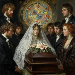 hyper realistic painting of the funeral, detailed faces, veil, in the style of mc escher, austin osman spare, wayne barlowe, gustav moreau, goward, gaston bussiere and roberto ferri, santiago caruso, bouguereau, mucha, saturno butto, sorayama. occult art, alchemical diagram