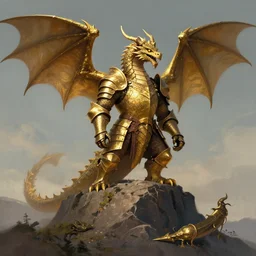 an anthropomorph dragon armored with golden medieval armor on top of a mountain, digital art, fantasy art, matte painting