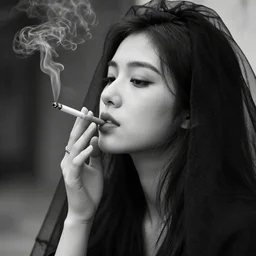 High Definition Photo. A girl smoking a cigarette. Black and white photo, noir, veil, ring.