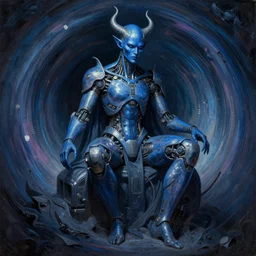neoclassicist renaissance full body portrait of blue demon seated inside singularity, with high tech body connection implants interface. iridescent textures. highly detailed fantasy science fiction painting by chris cunningham and vrubel. dark and volumetric. trending on artstation