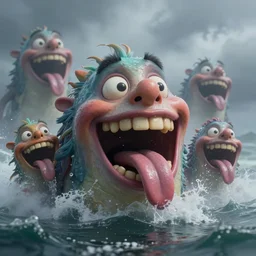 of an intricate stormy ocean with large strange happy drunk creatures with big mouth, long tongue, weird nose, and square teeth appearing from the misty waters, in the style of antonio berni, macro lens, shallow depth of field, highly detailed, digital painting, trending artstation, concept art, illustration, cinematic lighting, vibrant colors, photorealism, epic, octane render