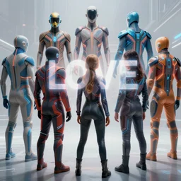 love, diverse overlayed double exposure cybersuits, from behind, wide wide angle, vivid, elaborate, highly detailed, combined, beautiful lighting