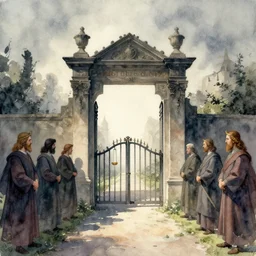 an ominous watercolor artwork, the gates of judgement, centered liminal space surrounded by arbiters. a place where experience is nullified and coherency falls apart beyond recognition