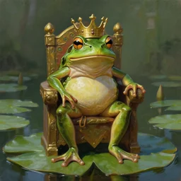 the frog king, wearing a crown, sitting on a throne on a lily pad, fantasy concept art, digital painting, oil painting, hyperrealistic, highly detailed, artstation, cgsociety, by alan lee, by artgerm