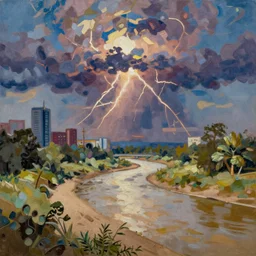 dusty river summer city thunder, intricate oil painting by greg rutkowski, trending on artstation