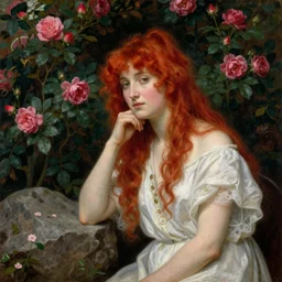 red hair woman painting by dante gabriele rossetti, bushes of roses in the background, rocks in the foreground, beautiful oil painting from 1 8 5 0,