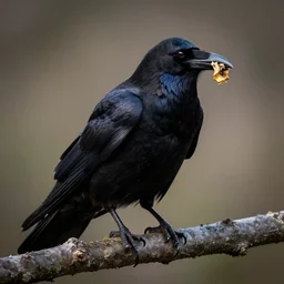 raven sitting on a branch, holding a work in his beak. highly detailed. dramatic lighting.