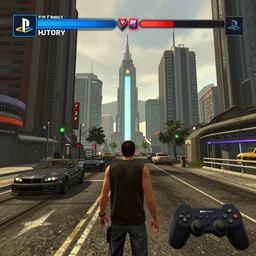 Open world GTA-like cyberpunk game, futuristic city, HUD, screenshot, PlayStation 2
