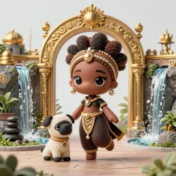 wide angle dynamic portrait of a chibbi african queen and her pet in an african zen garden with a waterfall! and a golden ornate steampunk portal, amigurumi by mark ryden and todd schorr and mark davis and zdislaw beksinski in a surreal lowbrow style, digital paint, matte paint, vivid synthwave colors, breathtaking landscape