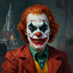 portrait of angry clown, atmospheric lighting, painted, intricate, volumetric lighting, beautiful, rich deep colours masterpiece, sharp focus, ultra detailed, in the style of Dan Mumford and marc simonetti, futuristic temple in the background,