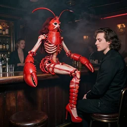 crustacean skinned woman wearing all red, she has claws and lobster segments, and high heels and is probably in a smoky bar with her friend mr walis
