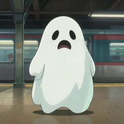 a scary looking but very friendly transparent ghost at a Chicago train station in the style of a ghibli movie