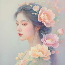 highly detailed pastel colors of an ethereal asian beauty morphing gradually into flowers, by artgerm and hsiao - ron cheng, smooth composition, fine patterns and detail