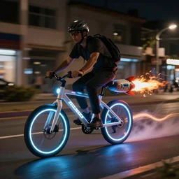 a person on a high-tech glowing bicycle with LED lights and a rocket engine, flames and fire shooting out the back, light trails and motion blur, bokeh, night, street, stylized photo