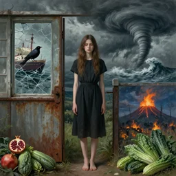 a tall emo girl, courgettes, a rusty gate, broken windows, pomegranates, a red - eyed blackbird, a sinking ship, a broken window, a stormy sky, a tornado, a hurricane, a tsunami, a volcano, a forest fire, zen, sensual, surrealist, by magritte and monet