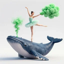 a ballerina with hands for feet and feet for hands farting a green cloud of smoke on the back of a humpback whale full uhd 3D