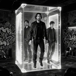 duotone noir scifi concept portrait illustration of keanu reeves floating inside box zero gravity glowing 3 d mesh portals futuristic, octane render, surreal atmosphere, volumetric lighting. accidental renaissance. by sachin teng and sergey kolesov and ruan jia and heng z. graffiti art, scifi, fantasy, hyper detailed. trending on artstation