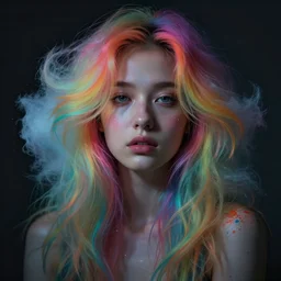 dramatic lighting portrait of a beautiful! young woman with a light skin and rainbow colored cotton candy hair. colorful paint splashes. moody and melancholy. with subtle rim light. digital art by artgerm and beeple