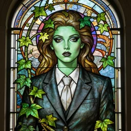 a stunningly detailed stained glass window of a beautiful poison ivy with green skin wearing a business suit, dark eyeliner, intricate, elegant, highly detailed, digital painting, artstation, concept art, sharp focus, illustration, art by greg rutkowski and alphonse mucha