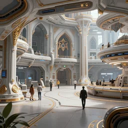 cel shaded cinematic shot, matte illustration, the interior of a scifi space station with ornate elven architecture bustling with people, epic castle, emerald, crystalline, detailed illustration, sharp focus, crisp lines, art by moebius, jean giraud moebius comic illustration