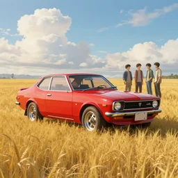1 9 7 0 s red candy classic torana lx in a field of gold, photorealistic image by jesper ejsing, feng zhu, makoto shinkai, lois van baarle, ilya kuvshinov, rossdraws. clouds by rhads. global light 3 d rtx hdr