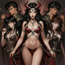 gorgeous!! woman as a chained demoness sorcerer empress wearing a bikini, d & d, morrigan aensland | art by jack kirby + akira toriyama + katsuhiro otomo + hirohiko araki | intricate, highly detailed, digital painting, smooth, sharp focus, hyper - realistic, symmetrical