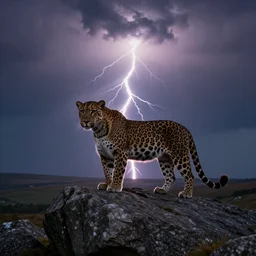 a panther on a granite rock outcrop in dartmoor national park, silhouetted by a lightning bolt, dramatic lighting, god rays