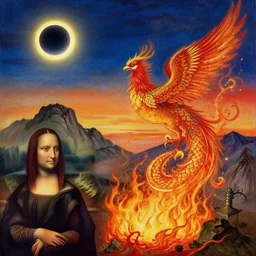 chinese dragon rises from the ashes of the phoenix, juxtaposed against a mountain, sunset, eclipse, painted in acrylic by leonardo davinci and sorolla