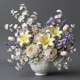 still life of flowers, floral bouquet, centered, complex 3 d render, ultra detailed, intricate, realistic, textured, 8 5 mm lens, refined, high definition, photo realism, rembrandt lighting, cherry blossoms, white flowers, little red berries, more detailed, lavender, yellow st joseph lily, peonies, foliage, tulips, iris, ethereal,