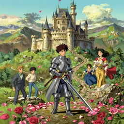 the knight and the sword of rose petal, anime, castle core, mountains, rocky roads. by hayao miyazaki and rossdraws and artgerm and greg rutkowski and alphonse mucha and studio ghibli. high quality, stunning, intricate detailed environment. 8 k