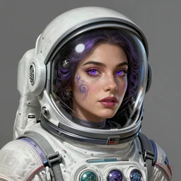 Portrait of very very very very very very beautiful Latina woman, spacesuit, purple eyes, intricate, elegant, highly detailed, digital painting, artstation, concept art, smooth, sharp focus, illustration, art by artgerm and greg rutkowski and alphonse mucha