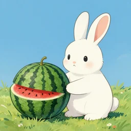 a painting of a bunny and a watermelon, a storybook illustration by goro fujita, trending on cgsociety, pop surrealism, 2 d game art, storybook illustration, behance hd