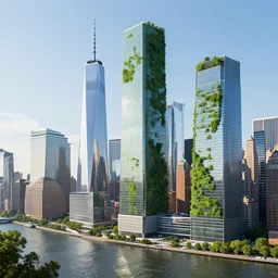 futuristic new york city with glass buildings, huge green towers, view from the hudson river, hyperdetailed, artstation, cgsociety, 8 k