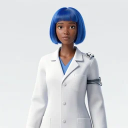 dark skin woman wearing a white lab coat with a blue haircut, body connected to wires and surrounded by 1 9 8 0 s computers, painted by yoshitoshi abe and makoto shinkai, in the style of serial experiments lain and gainax evangelion 1 9 9 5, dynamic lighting, dark ambience, cell - shaded, detailed face, retro tech
