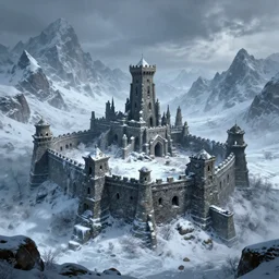 abandoned stone fortress nestled in ice and snowy peaked mountains, foreboding, fantasy, large environment, detailed render in 4 7 s by greg rutkowski