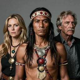 Extremely detailed photo realistic portrait of an ancient tribe human dressed in ritual costume in a photo realistic mattepaint background, photography by Annie Leibovitz and Steve McCurry -3